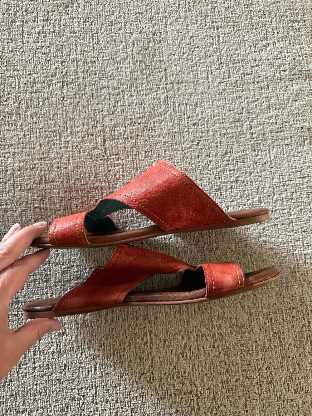 Women's Orange Leather Slide Sandals with Brown Footbed
